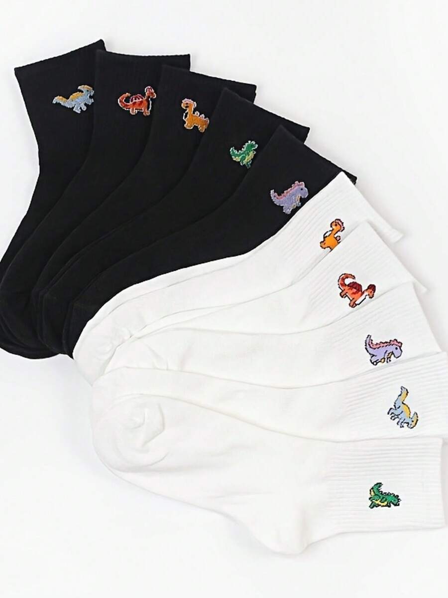 5 双男女通用可爱卡通恐龙和动物印花中筒袜，面料柔软，适合日常休闲穿着，春夏秋季，独家设计 - 彩色 - 查看 1