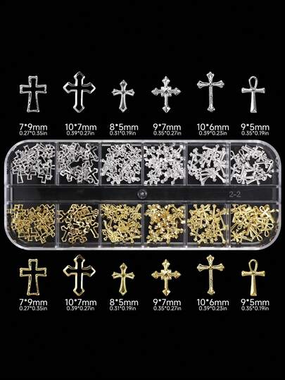 12pcs Assorted Gold & Silver Hollow Cross Nail Studs, Asymmetrical Shaped Nail Art DIY Decorations