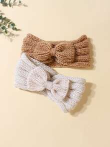 2pcs Newborn Baby Brown Knitted Bow Headband Set, Suitable For Everyday Use, Autumn/Winter