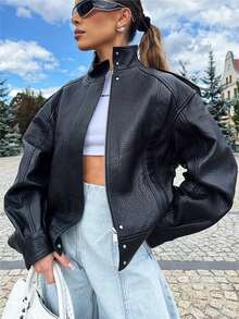 2025 Autumn/Winter New Fashion Black Faux Leather Jacket For Women, Zipper & Button Pockets Casual Street Style Cool Girl Outerwear - Black - View 11