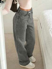 Jeans anchos de pierna ancha lavados de estilo casual para mujer, sin estiramiento, ajuste relajado, extra largos, de mezclilla gris claro lavada, de algodón, con textura cómoda, pierna ancha, versátiles, casuales, para uso diario - Gris Claro - Ver 4