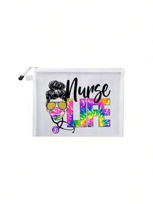 一款大容量网眼化妆包，有5种颜色可选，配有拉链，印有护士、生活、听诊器、口罩等图案。它是一款多功能视觉化妆收纳包、文件多用途旅行包、沙滩手提包。