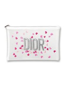Dior Cute Girl Cosmetic Bag, High-Quality Transparent Makeup Pouch With Embroidery, Pink Lovely Heart-Shaped Embroidery Design, Travel Essential - White - View 5