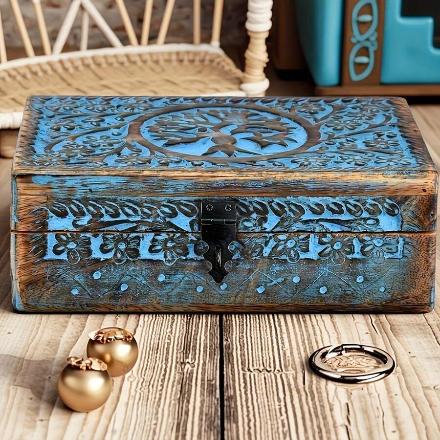 Vintage handgefertigte Schmuckschatulle/Aufbewahrungsbox aus Paulownienholz mit geschnitztem Lebensbaum-Motiv, elegantes Unikat als Geschenk für Männer und Frauen (Flammenbehandelte Handwerkskunst), geeignet für Geburtstage, Muttertag, Verlobung, Einweihungsgeschenke und andere Anlässe