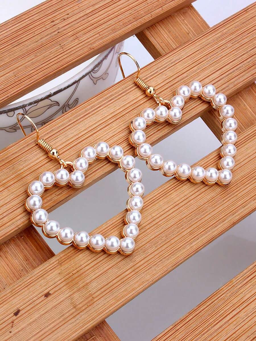 Faux Pearl Heart Drop Earrings - 白色 - 查看 1