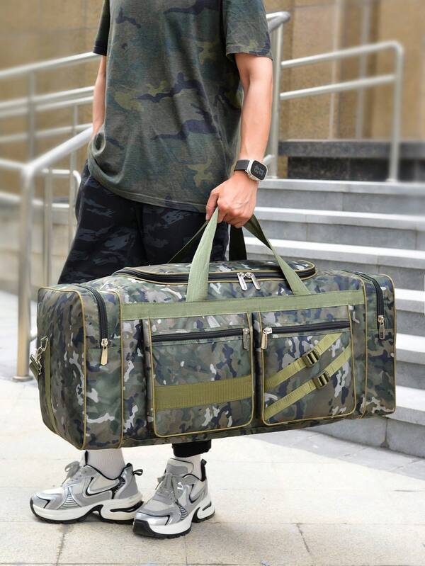 حقيبة سفر قابلة للطي بطبعة الكاموفلاج، حقيبة كبيرة السعة متعددة الجيوب، حقيبة رسول للتخزين للرياضة والخارج