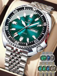 POEDAGAR 1件装时尚男士不锈钢防水夜光石英表，带旋转表圈，奢华双日期显示，商务男士腕表，适合工作场合，男士礼品 - 銀色 - 查看 2