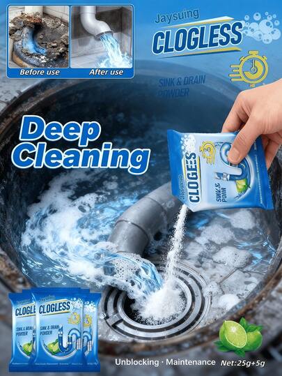 1 pièce/30g Poudre débouchante, convient pour la cuisine, la salle de bain, les éviers et les toilettes. Contient de l'hydroxyde de sodium pour désodoriser, déboucher efficacement, nettoyer et entretenir les éviers et les tuyaux d'évacuation en éliminant la graisse, les cheveux, le calcaire et autres débris, réduire l'accumulation microbienne, éliminer les odeurs d'évacuation, améliorer la qualité de l'air et la santé respiratoire, laisse une odeur fraîche