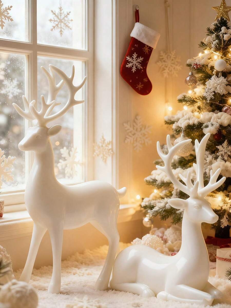 2 pezzi Set di decorazioni natalizie con renne bianche - Eleganti statuette di renne in resina per decorazioni da tavolo e mensole, decorazioni natalizie stagionali con dettagli lavorati in modo raffinato, statue di renne con finitura dorata elegante come regali natalizi must-have, accessori per interni festivi per creare un'atmosfera calda e affascinante per feste di Natale, decorazioni per soggiorno e camera da letto