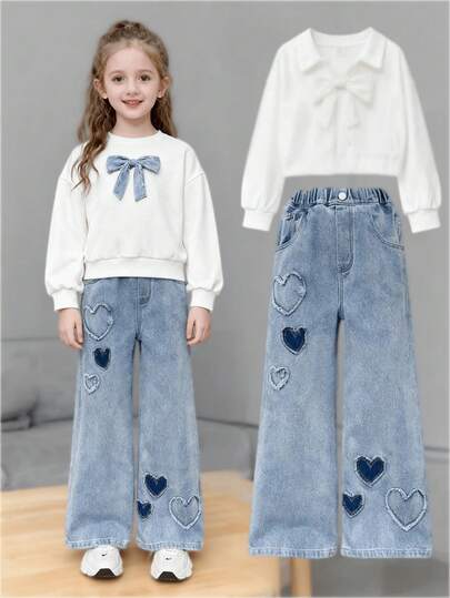 女童阔腿牛仔裤，儿童水洗蓝色心形贴片休闲宽松牛仔裤，松紧腰身无弹力舒适牛仔裤，适合少女的街头风格