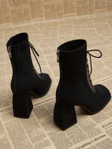 2025秋季新款欧美风女士优雅粗跟高筒靴，方头夜店踝靴，秋冬时尚踝靴 - 黑色 - 查看 5