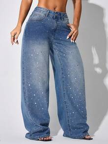 女士宽松休闲百搭阔腿牛仔裤，带口袋 - 藍色 - 查看 5