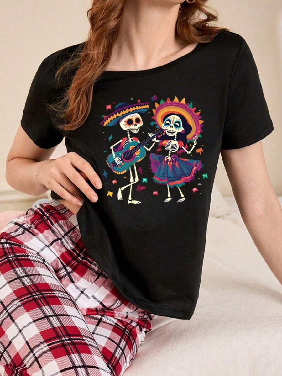 Mujer002 Camiseta de Mujer México  Casual Versátil  Cómodo y Elegante T-shirt de estilo mexicano con esqueletos de Día de los Muertos, con diseños coloridos y vibrantes, perfecto para mostrar tu identidad cultural y estilo único - Negro - Ver 1