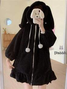 Women's Cute Bunny Ear Jacket Soft Plush Hoodie Kawaii Fashion Outerwear - màu đen - Xem 2