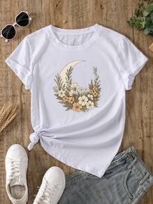 Camiseta Para Mujer Manga Corta Estampado de Luna Creciente y Flores Silvestres Playeras Vintage Casual Cotton,Camisetas graciosas mujer,Camiseta impresa de manga corta cuello redondo casual ropa de mujer grande,playeras oversize,ropa de calle de gran tamaño,Estampado de Letras - Blanco - Ver 2