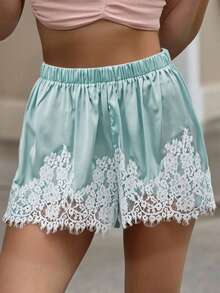 Summer Satin Mini Shorts With Lace Ruffles And Casual Shorts For Women At The Beach - Sky Blue - View 2
