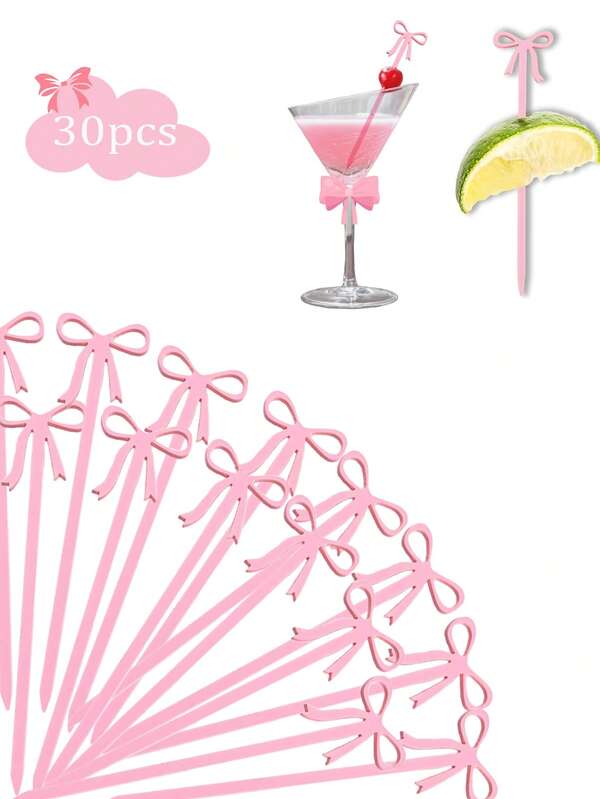 30Pcs Pink Bows Sticks, Pink Theme Party Decoration, Birthday Bows Cocktail Picks, PS Bows Sticks For Cake, Fruit, Cocktail Decoration, Fruit Sticks, For Christmas Decorations, Restaurant, Dessert Shop, Cocktails Accessories, Bar Accessories, Birthday Party Supplies, Mother's Day, Christmas Themed Party Supplies, Valentine's Day.