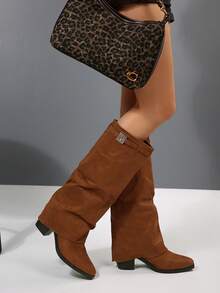 Botas femininas dobráveis 2025, cano alto, bico fino, salto alto, cano alto, cano médio, fashion, botas com zíper lateral - Castanho - Ver 2