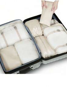 1/8pcs Travel Packing Cubes Set, Compression Packing Bags, Large Capacity Waterproof Clothes Organizer, Foldable Luggage Organizer Bags, Zipper Closure Storage Pouches, Luggage Organizers, Shoe Bags, Drawstring Bags, Travel Packing Organizers - Beige - View 4