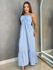 Women's Long, Flowy Strapless Dress With Tie Detail - Baby Blue - View 2