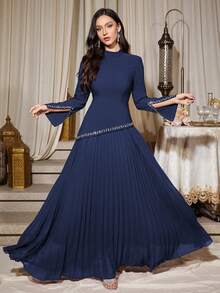 Solessence 女式纯色小立领不对称水钻袖口下摆褶皱超喇叭形柔软生日派对连衣裙 - 寶藍色 - 查看 6