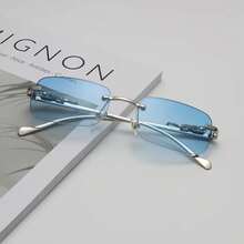 1 Pair Of Retro Square Glasses, Unisex, Classic Frameless Design, Easy And Casual Small Frame Glasses - Xanh kép - Xem 1
