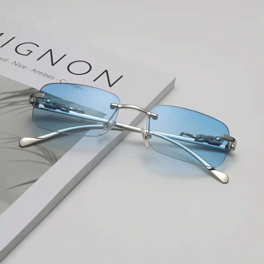 1 Pair Of Retro Square Glasses, Unisex, Classic Frameless Design, Easy And Casual Small Frame Glasses - Xanh kép - Xem 1