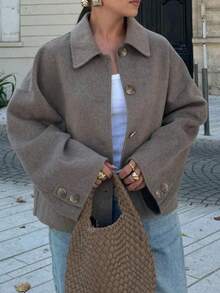 Women's Fashion Casual French Single-Breasted Short Loose Collar Wool Coat - Khaki - View 3