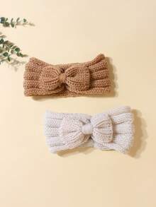 2pcs Newborn Baby Brown Knitted Bow Headband Set, Suitable For Everyday Use, Autumn/Winter