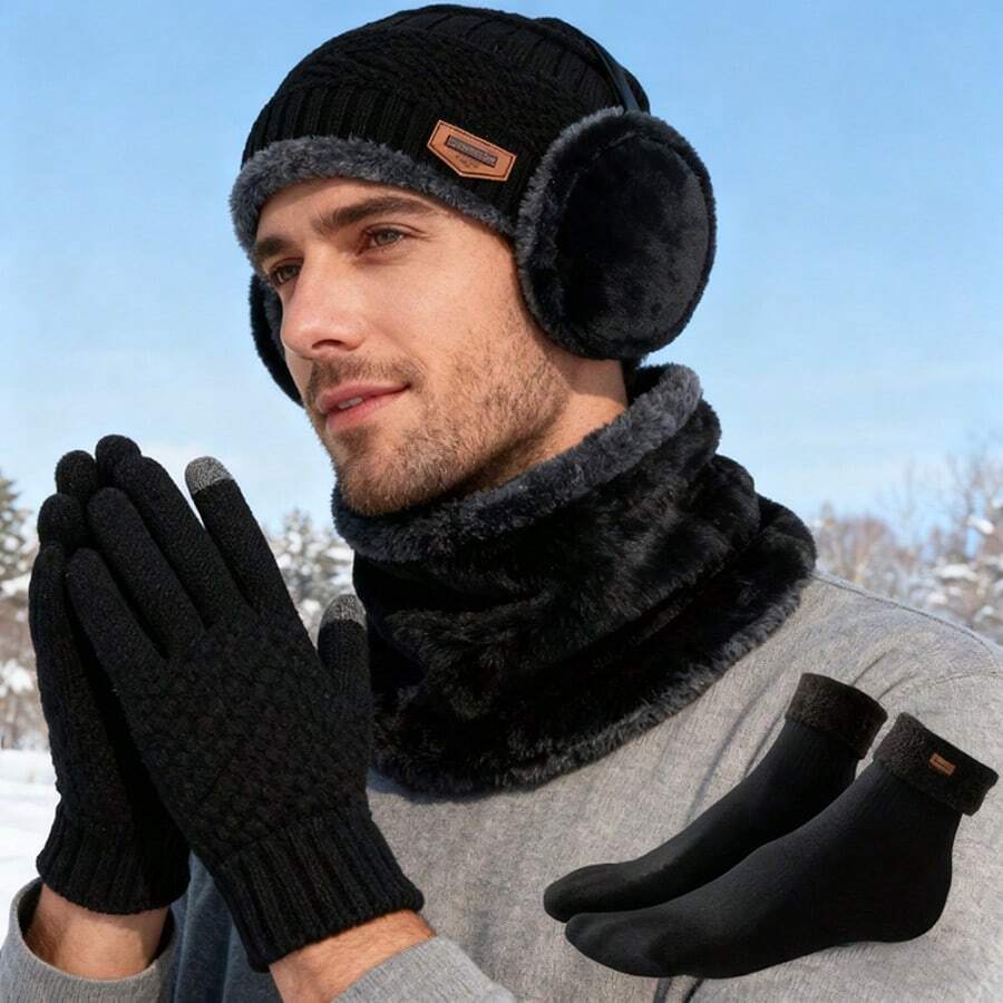 7-Piece Winter Warmth Set - Knitted Hat, Thickened Gloves, 2-Layer Fleece Earmuffs, And Snow Socks, Suitable For Outdoor Exploration - Dark Grey - View 1
