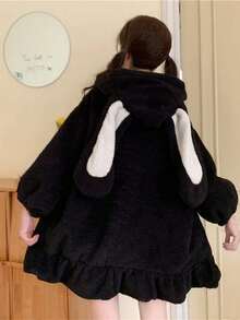 Women's Cute Bunny Ear Jacket Soft Plush Hoodie Kawaii Fashion Outerwear - màu đen - Xem 4