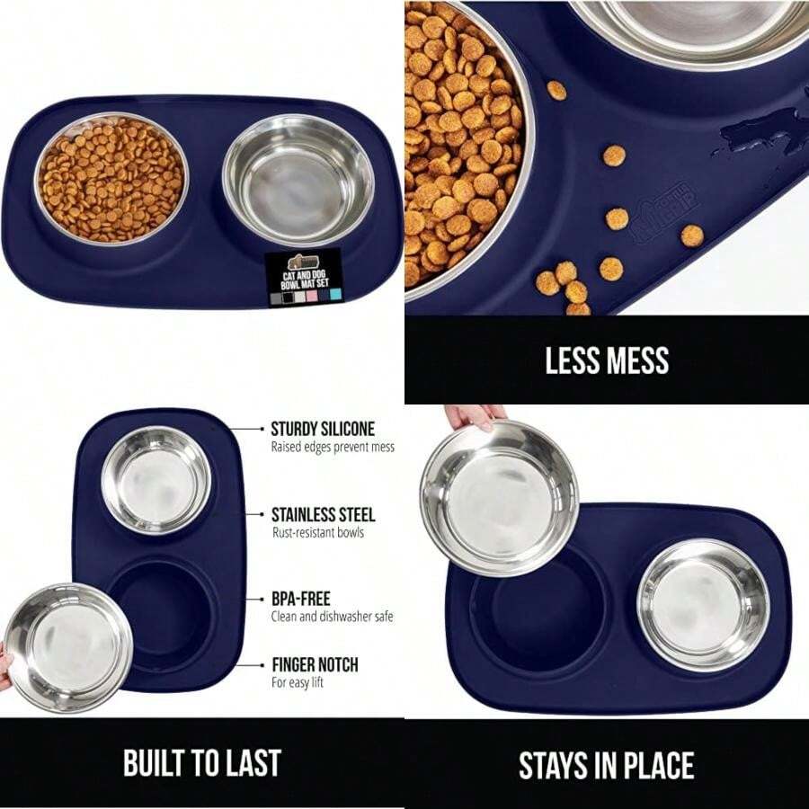 Gorilla Grip Slip Resistant Pet Bowls and Silicone Feeding Mat Set, Catch Water and Mess, Raised Edges for No Spills, Stainless Steel Cat and Dog Bowl, Patent Pending Design, ,(2 Cup Navy) - Tipo 14 - Ver 1