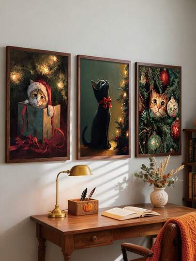 3pcs/Set, Frameless, Cat Wearing Christmas Hat, Bell, Christmas Tree, Cat, Animal, Bedroom Decor, Living Room Decor, Office Decor, Room Decor, Christmas Decoration, Home Decor, Christmas Decorations For Home, Bedroom Decor And Accessories