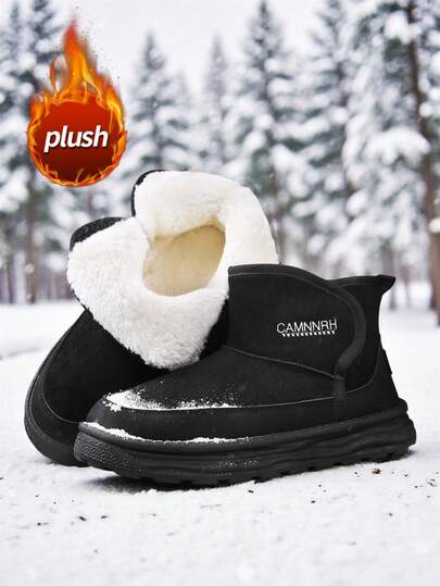 Men's Snow Boots 2025 New Thick Sole Anti-Slip Wear-Resistant Suede Waterproof Warm Shoes Outdoor Fur Lined Snowshoes, Soft Comfortable Letter Print Insulated Winter Sports Boots