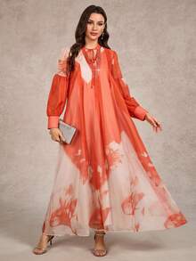 女士V领泡泡袖水钻饰边抽绳喇叭下摆随机印花优雅度假连衣裙 - 橘色 - 查看 5