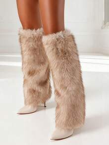 Sexy Women Furry Boots Stiletto High Heels Knee High Fluffy Fashion Design Luxury Elegant Party Nightclub Winter Shoes - 杏色 - 查看 4