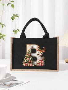 Men's Casual Tote Bag, Large Capacity Shopping Bag, Linen Beach Tote Bag Christmas Theme 26 Letter Print Commuter Tote Bag Yellow Linen Tote Bag, Shopping Bag With Gold Letter And Flower Print, Large Capacity Reusable Shopping Bag Laptop Bag Christmas Bags