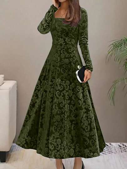 Floral Velvet Long Sleeve Swing Dress, Elegant Winter Women Clothing