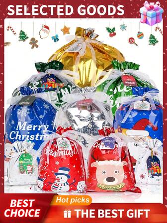 20pcs Christmas Drawstring Gift Bags, Wrapping Gift Bags, Assorted Sizes Holiday Gift Bag (Small Medium Large Jumbo), Xmas Gift Treat Bags For Party Favors Presents Wrapping