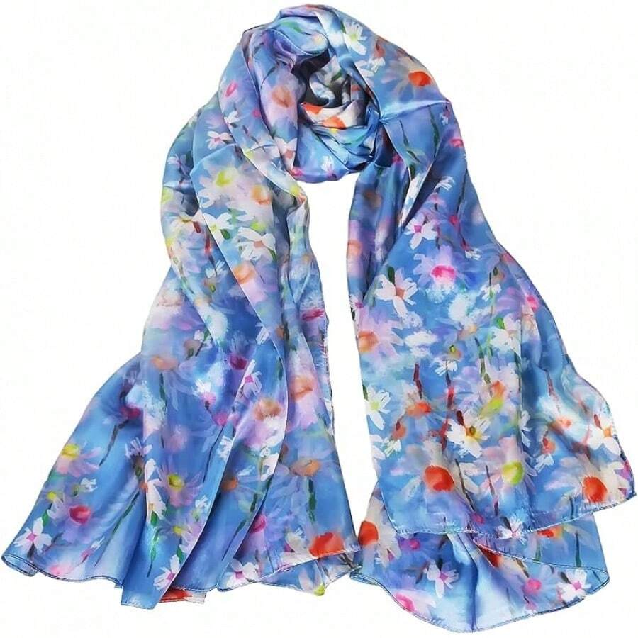 100% Mulberry Silk Scarf For Women Lightweight Long Scarves Beach Wraps Cover Up -Travel Photography Scarfhalloween - Blue Pink Floral - 查看 1