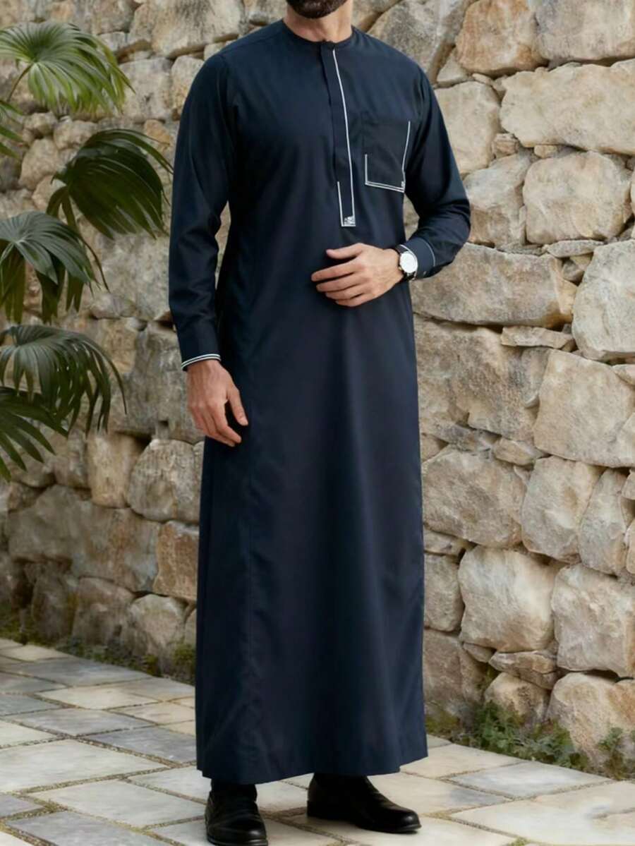 2025Islamic Men's Abaya Long Sleeve Embroidered Stand Collar Men's Traditional Muslim Clothing Arabic Men's Loose Abaya - Navy Blue - View 1