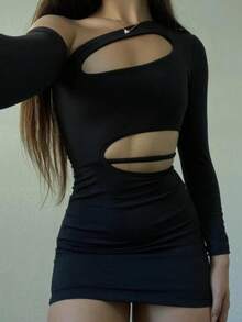 Women's Dress, Long Sleeve, Suplex Fabric. One Size Fits All, 38 To 42. Foreign Fashion And Stylish. - màu đen - Xem 3