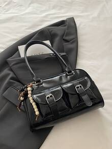 1pc Minimalist Retro Zipper Tote Bag, Decorated With Pockets, Dual Handles, Suitable For Women's Casual Daily Commute - Black - View 6