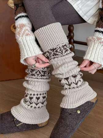 1 Paar Damen Vintage Warm Fair Isle Muster Stulpen, Herbst/Winter