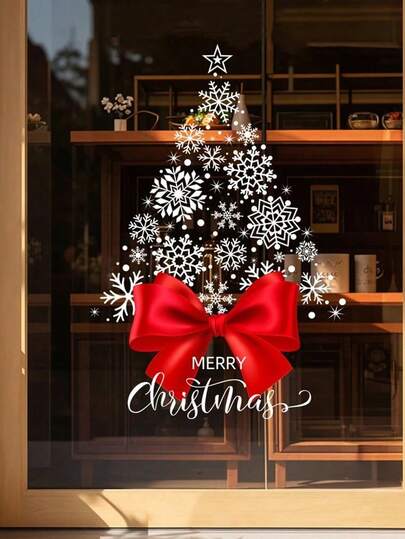 1pc 45cm*60cm/30*40cm Christmas Tree Window Sticker, Christmas Bow Decor Sticker, PVC Static Cling Film, Suitable For Home, School, Restaurant, Office Holiday Decoration