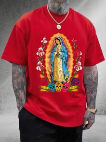 Camiseta de algodón 100% para hombre, estampado de la Virgen de Guadalupe con calaveras coloridas y flores | Camiseta personalizada para hombre, clásica y suave para uso diario | Ideal para hombres jóvenes, amantes de la cultura mexicana, fiestas tradicionales y celebraciones religiosas. Regalo perfecto para cumpleaños, San Valentín o Día de Muertos | Camiseta casual con cuello redondo, transpirable y cómoda, estilo moderno para hombres.Trajes de fiesta de Notre - Rojo - Ver 2