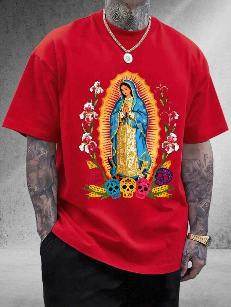 Camiseta de algodón 100% para hombre, estampado de la Virgen de Guadalupe con calaveras coloridas y flores | Camiseta personalizada para hombre, clásica y suave para uso diario | Ideal para hombres jóvenes, amantes de la cultura mexicana, fiestas tradicionales y celebraciones religiosas. Regalo perfecto para cumpleaños, San Valentín o Día de Muertos | Camiseta casual con cuello redondo, transpirable y cómoda, estilo moderno para hombres.Trajes de fiesta de Notre