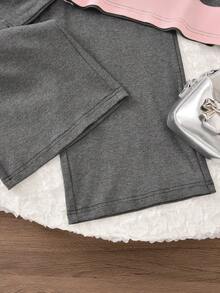 Vihyde 2 pezzi/set Top e pantaloni casual a gamba larga con fiocco decorativo, stile dolce a blocchi di colore, per ragazze, autunno/inverno