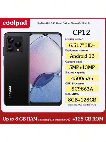 Coolpad Coolpad COOL CP12, Android 13, pantalla de 6.517 pulgadas HD+, color del producto: azul claro, azul oscuro, negro, CPU: SC9863A, 8GB (incluyendo 4GB de memoria ampliable) + 64GB y 8GB (incluyendo 4GB de memoria ampliable) +128GB, cámara triple de 13MP, batería de 4500mAh, Dual SIM, cargador 4G, teléfono inteligente de estándar europeo