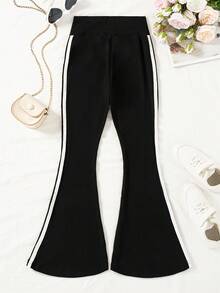 女童高腰喇叭腿弹力修身运动裤，带双条纹，健身跑步紧身裤，适合大龄年轻女孩的休闲裤，瑜伽裤 - 黑色 - 查看 4